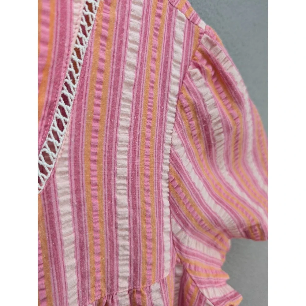PINK K Women's Pearl‎ Snap Front Seersucker Nightgown Size M Striped Loungewear